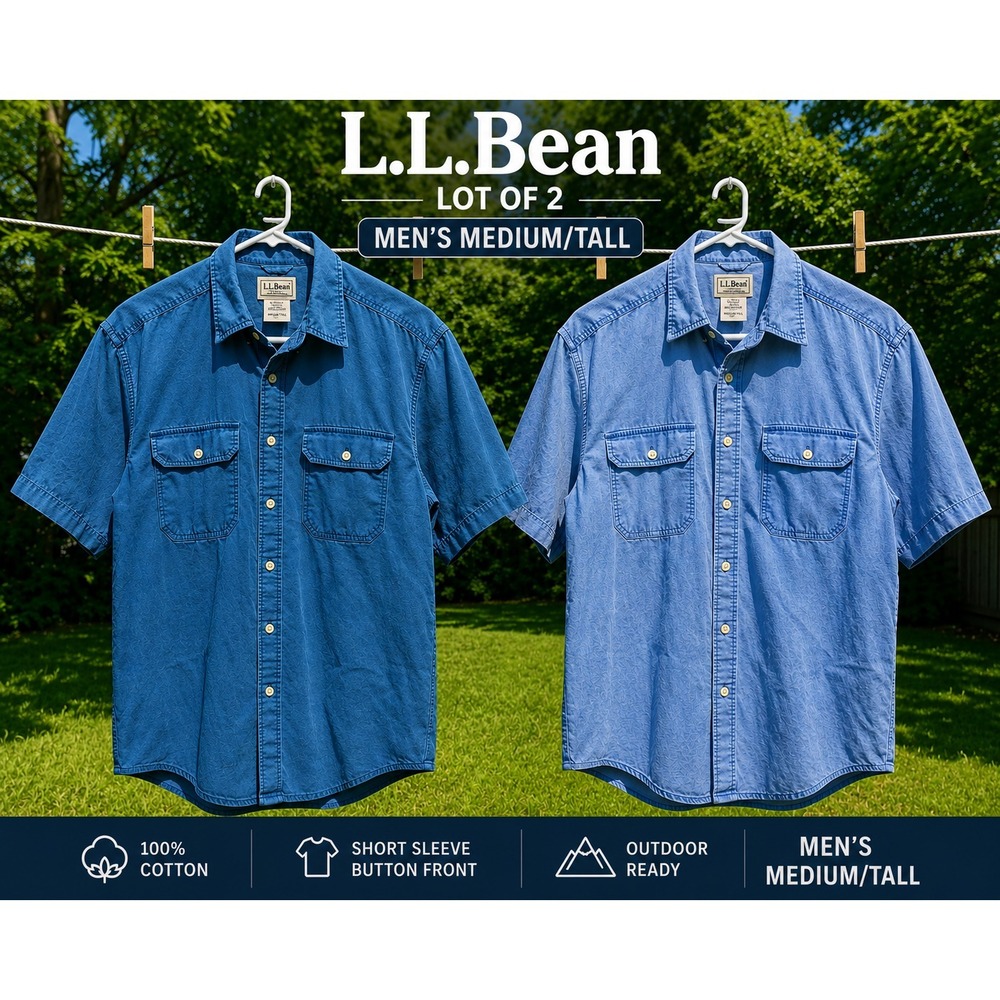 2 L.L.Bean Short Sleeve Button Front Shirts‎ Mens Med/tall Blue Cotton Outdoor
